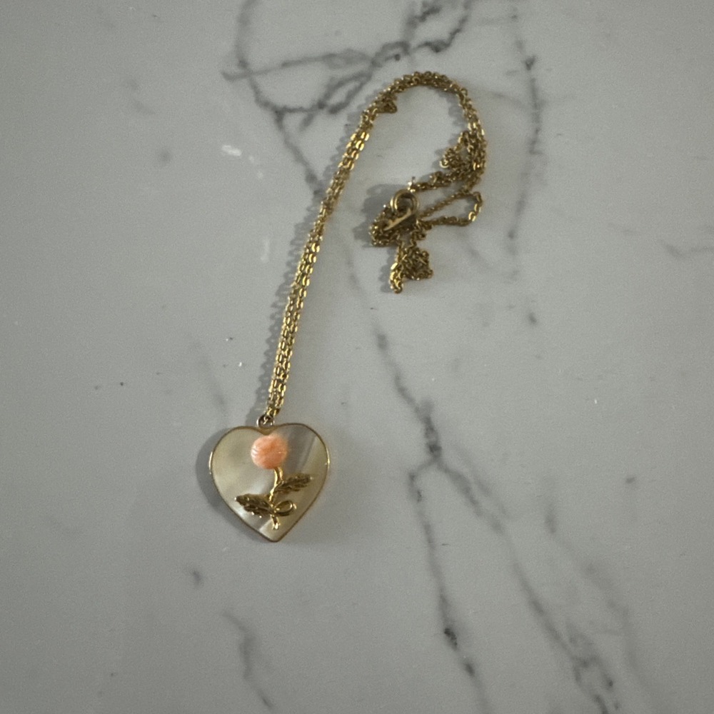 2.333 Vintage necklace, 10K gold plating, chain, mother-of-pearl pendant, coral - Picture 2 of 9